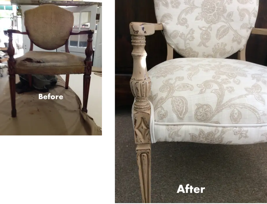An oval-back carved armchair with a worn brown seat, then re-covered in cream paisley