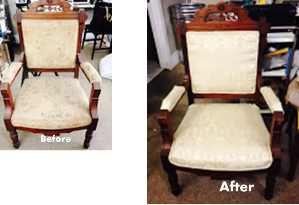 A carved Victorian armchair before and after new cream upholstery
