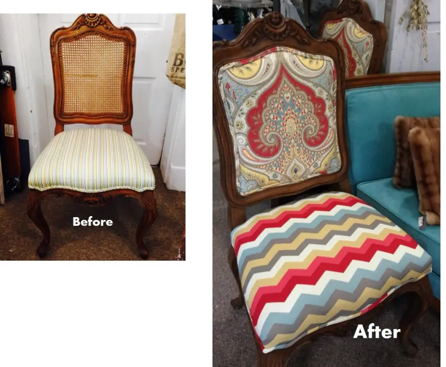 A cane-back dining chair before and after, its striped seat re-covered in a bold chevron