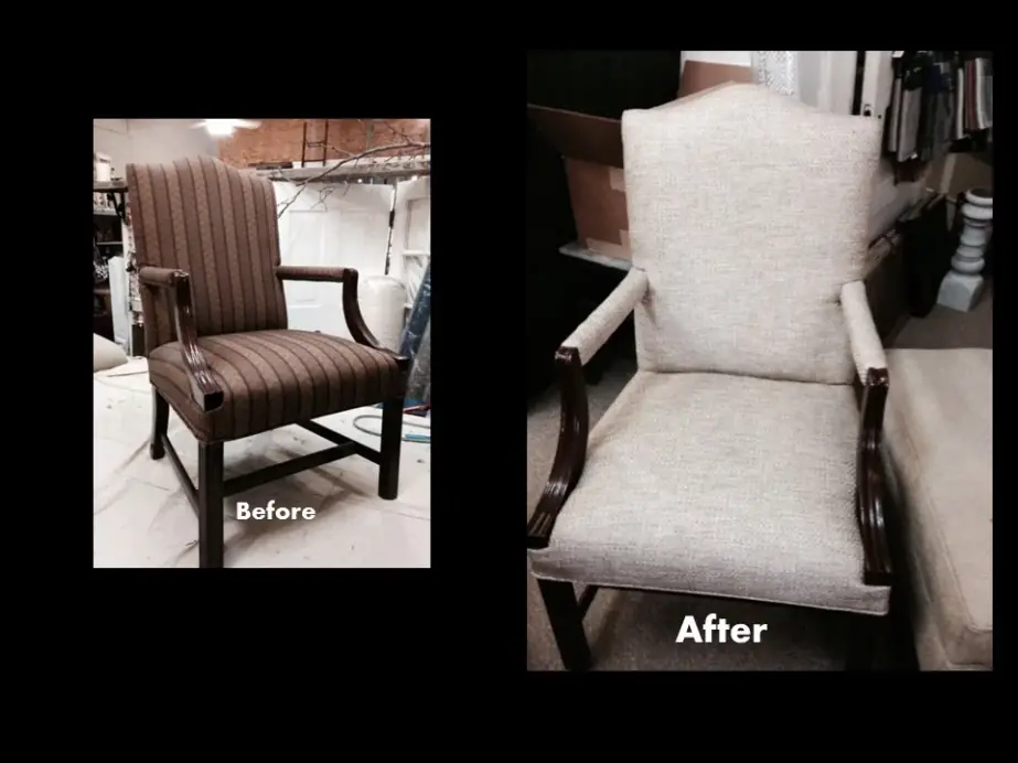 An armchair in a brown stripe, then re-covered in a pale linen